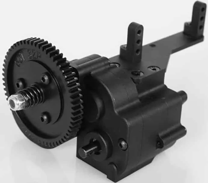 Black RC car gearbox with a large spur gear and motor mount plate