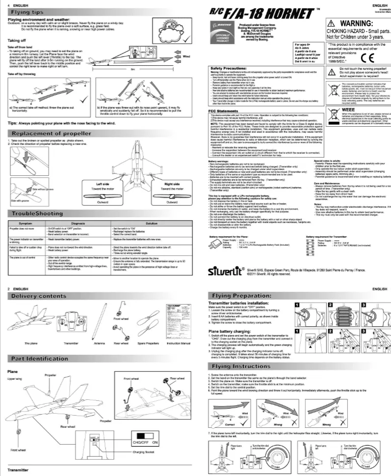 Instruction manual pages for a Silverlit RC F/A-18 Hornet with flying tips, safety notes and a parts list