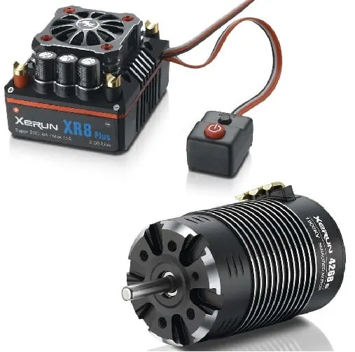 Hobbywing Xerun XR8 Plus brushless ESC with its on/off switch next to a Xerun 4268 brushless motor