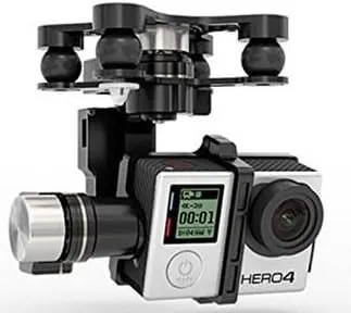 Three-axis drone gimbal with rubber dampers holding a GoPro HERO4 camera