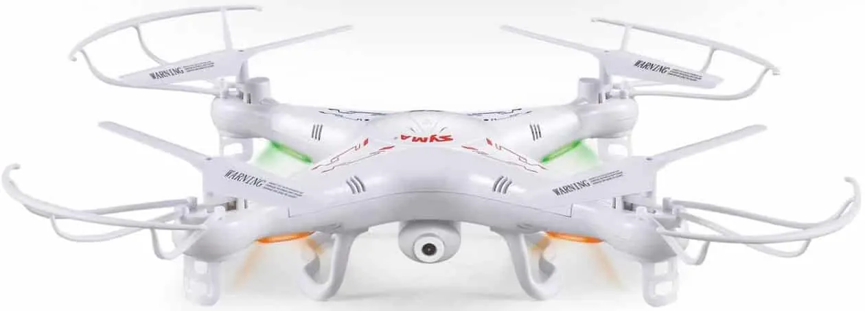 White Syma X5C quadcopter with propeller guards and a small camera