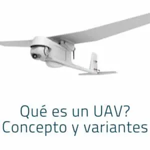White fixed-wing UAV with a camera pod above a Spanish-language title card about UAVs