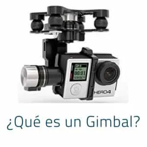 Three-axis gimbal holding a GoPro HERO4 camera above a Spanish-language title card about gimbals