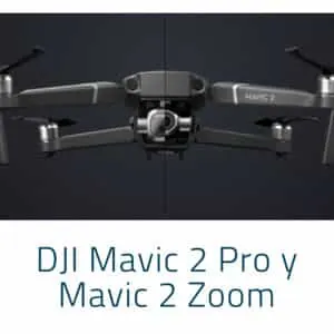 Close-up of a DJI Mavic 2 drone above a Spanish-language title card about the DJI Mavic 2 Pro and Mavic 2 Zoom