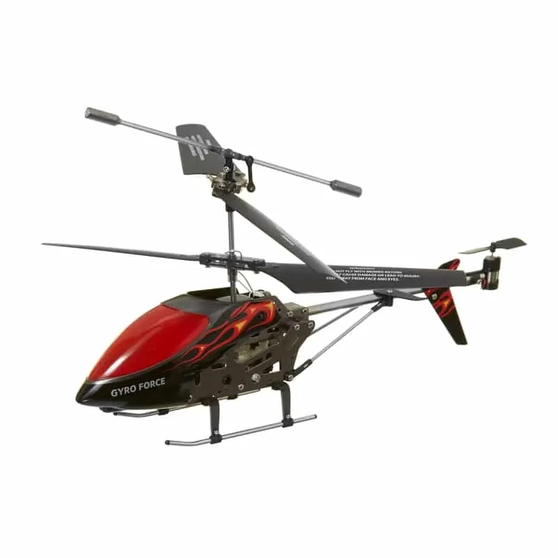 Red and black RC helicopter with a tail rotor on a white background