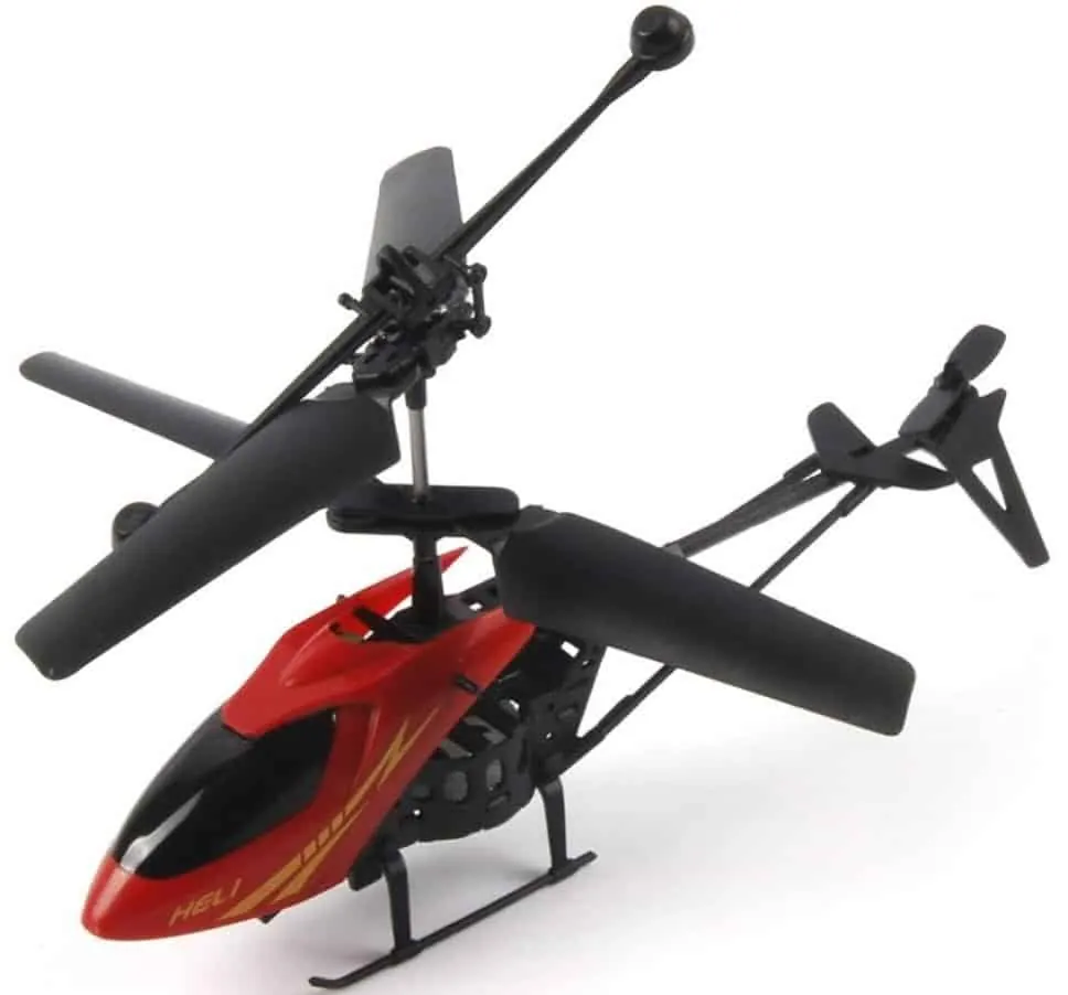 Red and black coaxial RC helicopter with two stacked main rotors