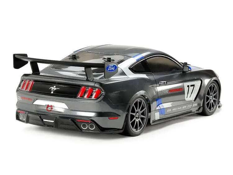 Tamiya Ford Mustang GT4 RC car with a gray and blue livery and the number 17
