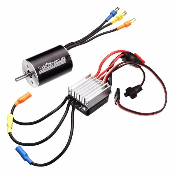 RC car ESC with its battery and motor wires