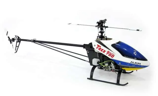 Large white and blue Align T-Rex 700 RC helicopter on a white background