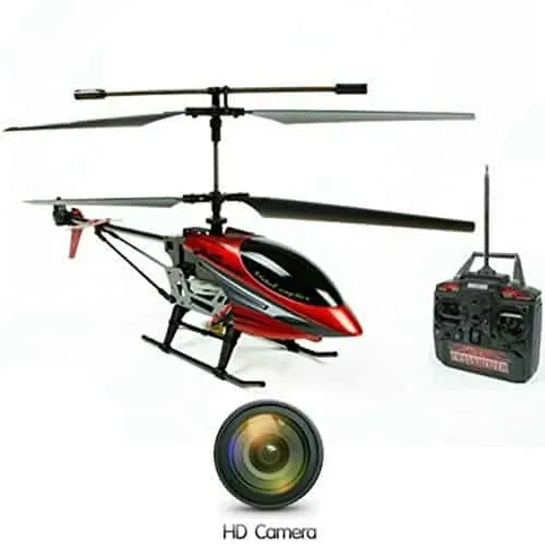 Helicóptero RC rojo y negro con cámara y su emisora