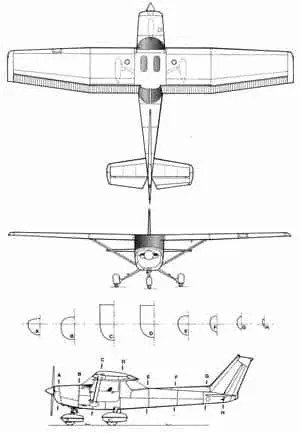 Three-view line drawing of a high-wing light aircraft with top, front and side views and fuselage cross-sections