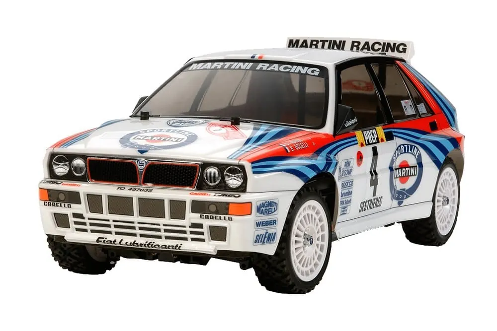 Tamiya RC car with a white Lancia Delta rally body in Martini Racing livery