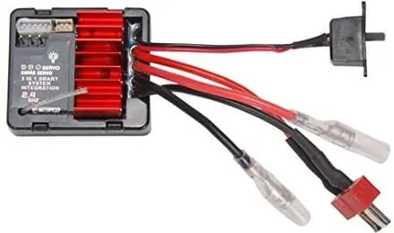 Brushed RC car ESC with a red heat sink, on/off switch and a T-plug battery connector
