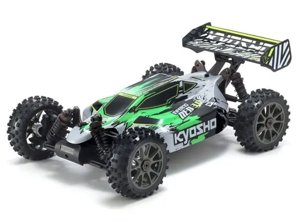 Green, white and black Kyosho Inferno RC buggy