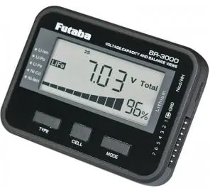 Digital meter connected to a LiPo battery showing the voltage