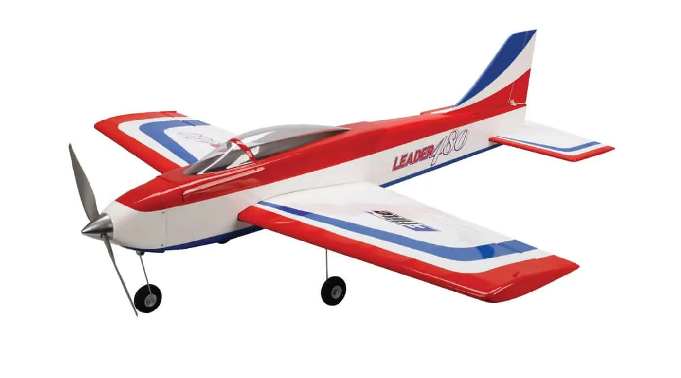 Red, white and blue electric RC plane with a propeller and fixed landing gear