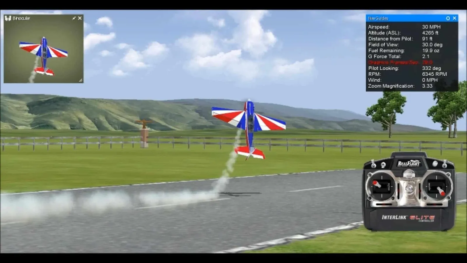 Screenshot of an RC flight simulator showing an aerobatic plane trailing smoke over a runway, with an on-screen transmitter