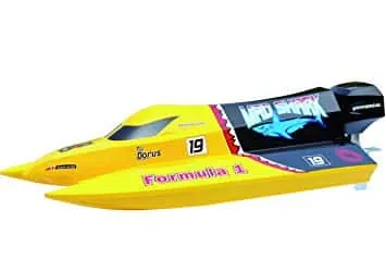 Yellow Formula 1 style RC racing boat with a shark graphic and the number 19