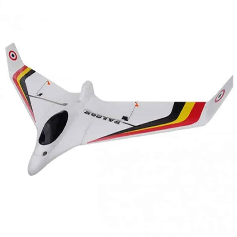 White RC flying wing with red and yellow stripes