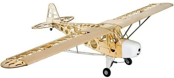 Balsa wood frame of a Cub-style RC plane with a white cowl and landing gear