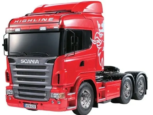 Red Scania Highline three-axle RC semi tractor