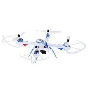 Tarantula X6 (JJRC H16) quadcopter with white and blue arms and prop guards