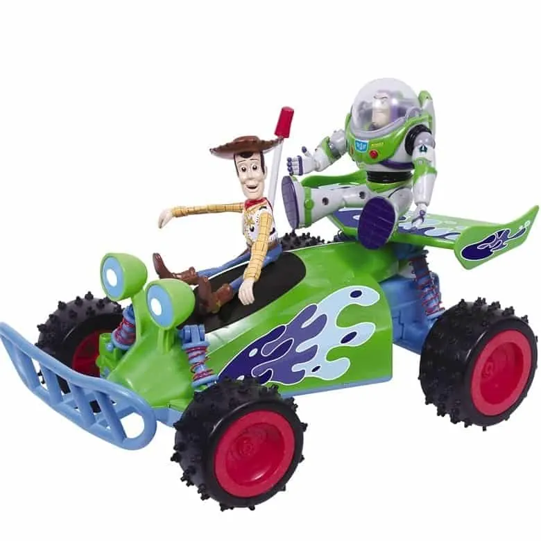 Green and red Toy Story RC car with a Woody figure