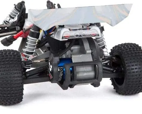 Rear view of a Traxxas Bandit showing the motor, transmission and rear wing