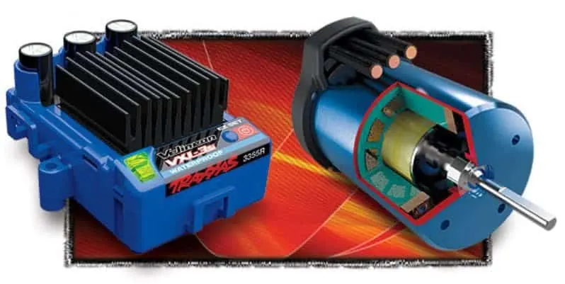 Traxxas Velineon VXL-3s waterproof ESC next to a cutaway brushless motor
