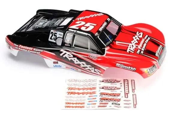 Red Traxxas short course truck body with the number 25, next to a decal sheet