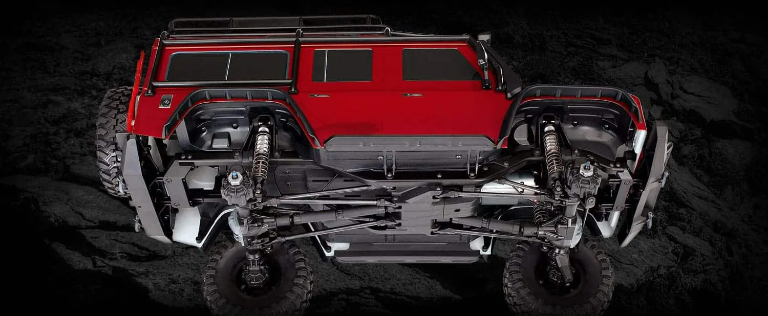 See-through view of a red Traxxas TRX-4 Defender showing its chassis and drivetrain