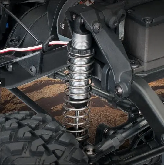 Close-up of a Traxxas TRX-4 shock and suspension