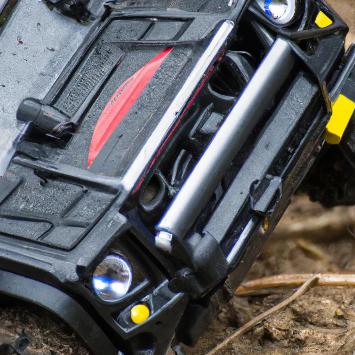 Close-up of the front grille, headlights and bumper of a Traxxas TRX-4 Defender on dirt
