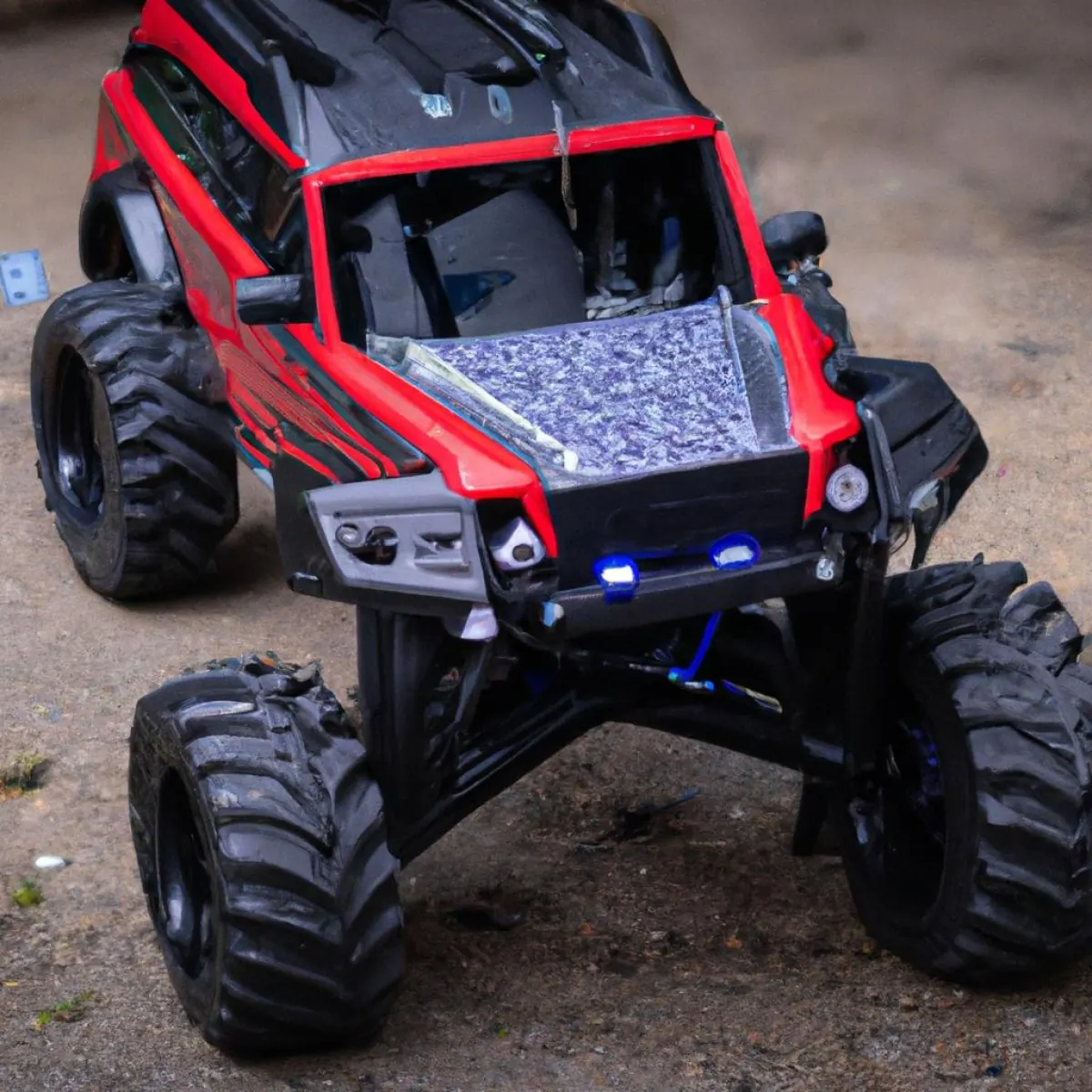 Red Traxxas TRX-4 Defender crawler on dirt terrain