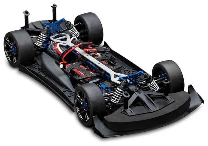 Traxxas XO-1 chassis without the body, showing its electronics