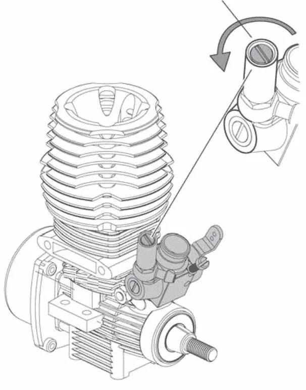 Diagram of a nitro RC engine with an arrow showing the high-speed needle being turned