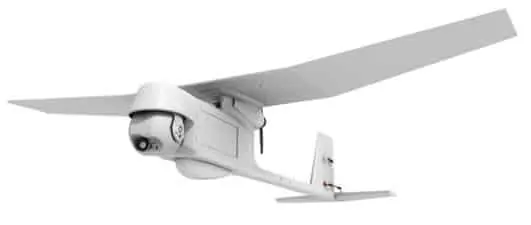 White fixed-wing UAV with a long straight wing and a camera pod under the nose