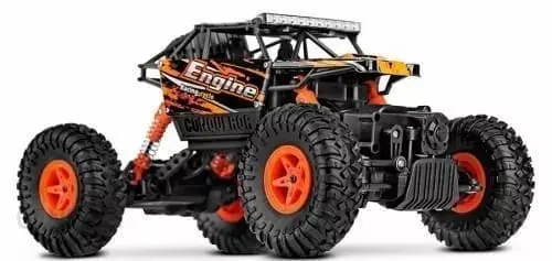 WLtoys 18428 RC rock crawler with an orange and black roll cage body and orange wheels