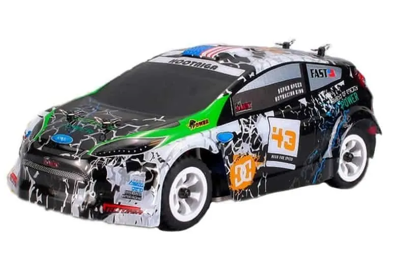 WLtoys K989 RC rally car with a white, black and green graphic body and number 43