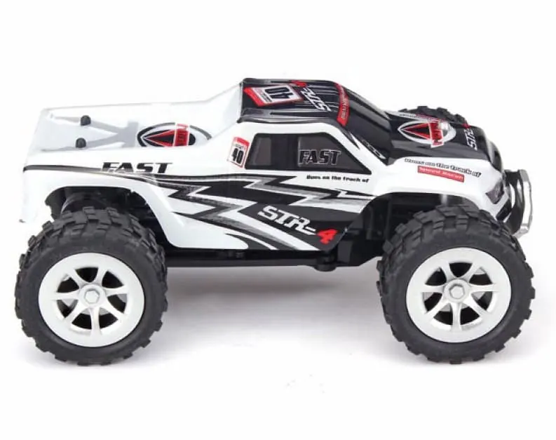 WLtoys A999 RC monster truck with a white body with black and red graphics